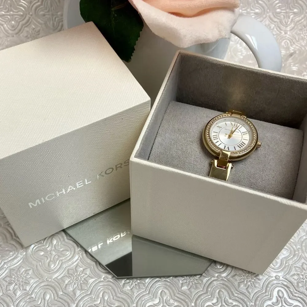 Michael Kors Mini Laney Crystal Accented Bezel Gold-Tone Bangle Watch